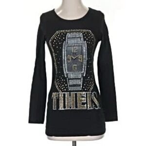 POL Clothing Long Sleeve Time Is Rhinestone Watch Bling Shirt Black Womens Large